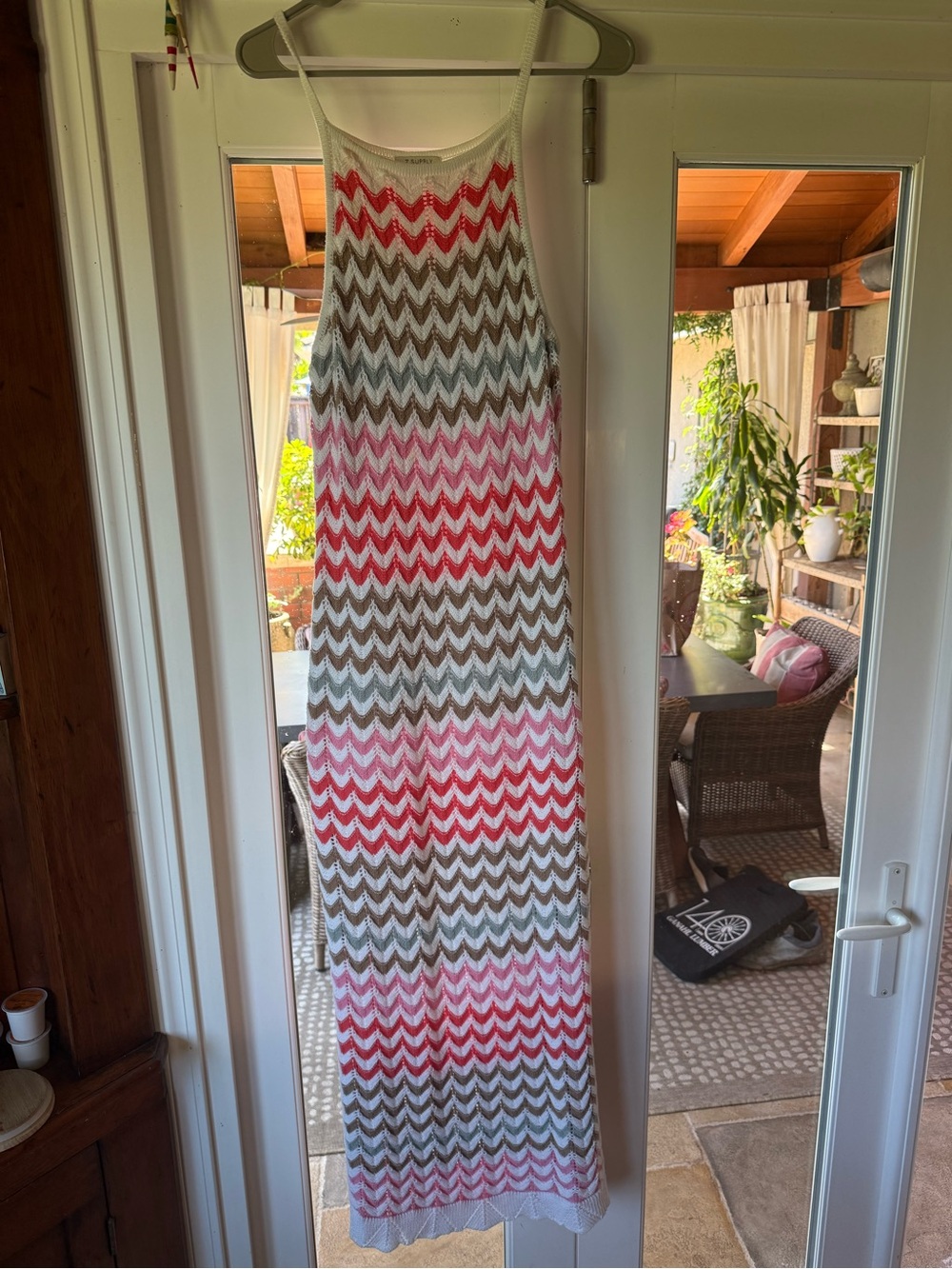 Z Supply Zigzag Knit Maxi Dress in White, Pink & Tan.  LENGTH approx 60”